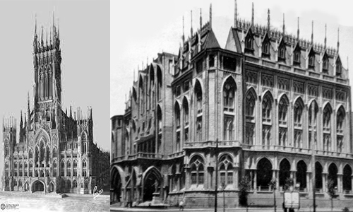 Imagen de archivo del proyecto de la Facultad de Derecho con su monumentales torres jamás construidas y foto del edificio como fue inaugurado.