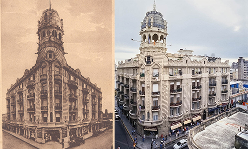Izquierda: Foto del Palacio Cabanellas circa 1915 en sepia. Derecha: Foto del actual Palacio.