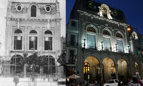 Izquierda: Foto circa 1913 de la construcción del Club 20 de Febrero. Derecha: Foto nocturna actual del Centro Cultural América con iluminación que destaca su arquitectura.